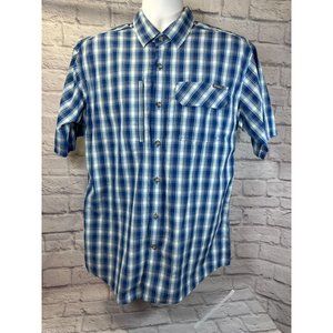 Eddie Bauer Blue Plaid Short Sleeve Poly Blend Mens Shirt Size Large